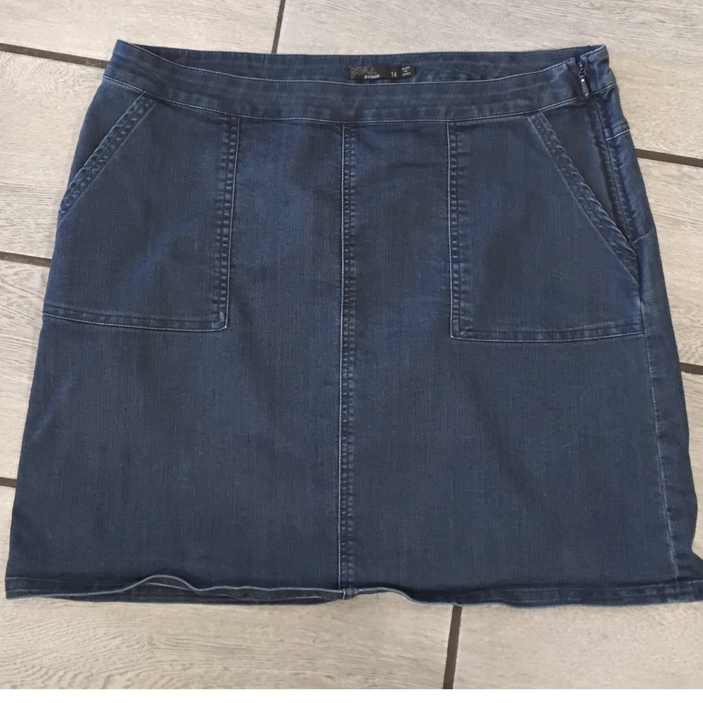 Prana Denim Mini Skirt Dark Wash Indigo Stretch Side Zip Pockets Womens Size 14